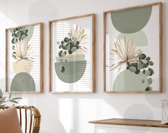 Set of 3 Boho Wall Prints, Sage Green Mid century Modern Botanical Boho Wall decor, Printable Abstract Art, Shapes Prints, Beige Green Art