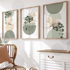 Set von 3 Boho Wanddrucke, Salbei Grün Mitte des Jahrhunderts moderne botanische Boho Wanddekor, druckbare abstrakte Kunst, Formen Drucke, beige grüne Kunst