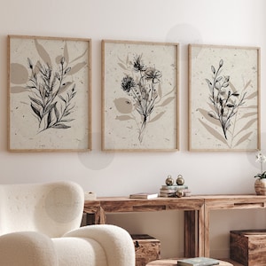 Neutral Botanical Print Set of 3, Black Line Gallery Wall art, Flowers Printable Art, Wildflowers Art, Beige Floral Art, Modern Home Decor