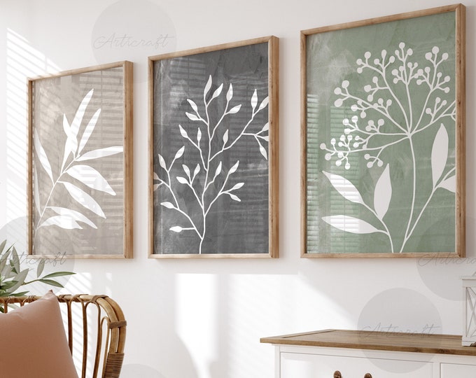 Abstract Botanical Art Set of 3 Prints, Boho Gallery Wall Art, Sage ...