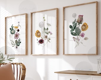 Watercolor Botanical Print Set of 3, Gallery Wall art, Floral Printable Art, Wild Flowers, Boho Floral Art, Modern Farmhouse Home Decor