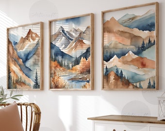 Mountain Print Set of 3, Watercolor Mountain, Abstract Landscape, Nature Prints, Modern Minimalist Wall Decor, Digital Pine Forest wall Art