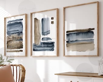Abstract Watercolor Art Set of 3 Prints, Digital Navy Blue Beige Ocean ...