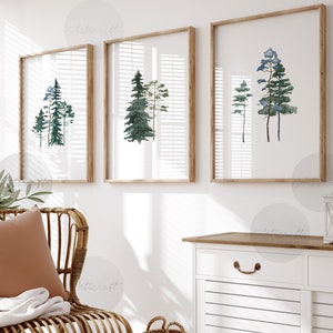 Pine Trees Prints, Nature Print Set of 3, Watercolor Pine Trees, Printable Wall Art, Mountain Wall Art, Christmas Trees Digital Art