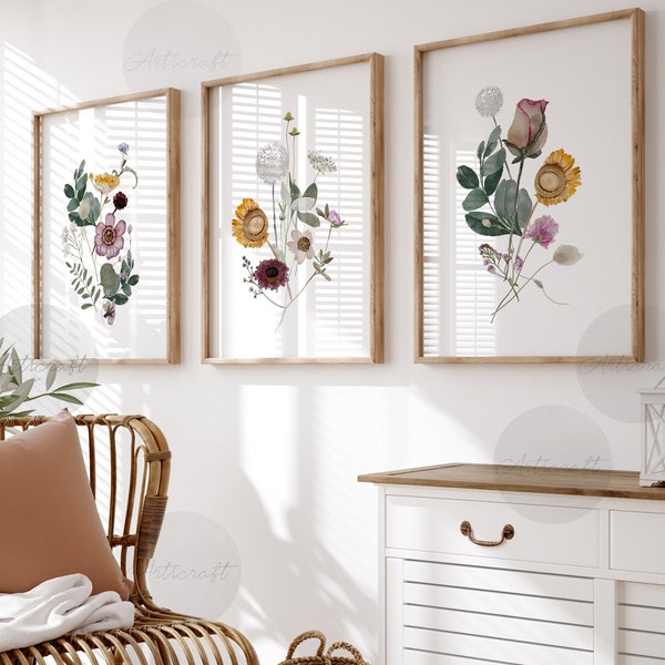 Watercolor Botanical Print Set of 3, Gallery Wall art, Floral Printable Art, Wild Flowers, Boho Floral Art, Modern Farmhouse Home Decor