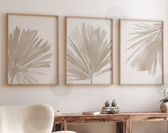 Minimalist Botanical Neutral Print Set of 3, Palm Leaves Prints, Boho Gallery Wall Art, Beige Modern Digital art, Tropical Printable Art