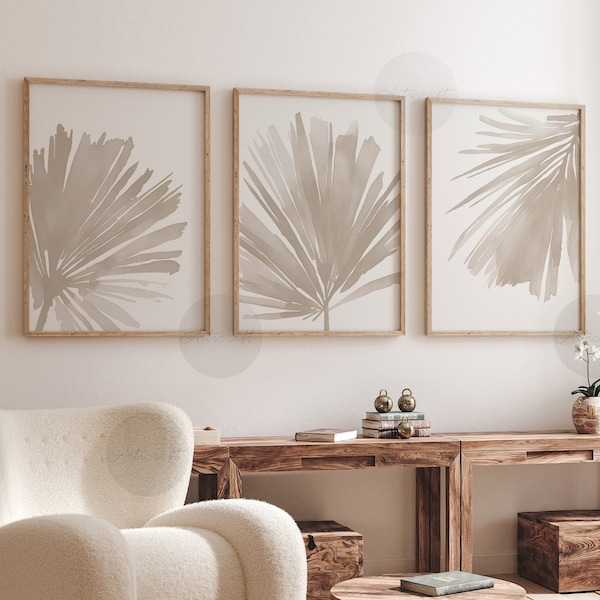 Minimalistische botanische neutrale print set van 3, palmbladeren prints, Boho Gallery Wall Art, beige moderne digitale kunst, tropische afdrukbare kunst