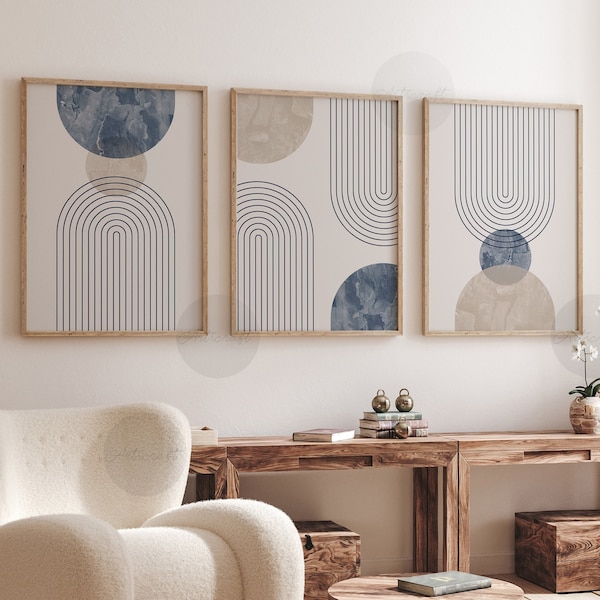 Set di arte geometrica moderna della metà del secolo di 3 stampe, arte astratta stampabile Boho Beige e blu navy, linea arcobaleno stampe download digitale
