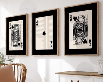 Ace, King and Queen Playing Cards Wall Art Set of 3 Prints, Digital Preppy Art, Black Beige Printable Art, Mid Century Trendy Retro Posters