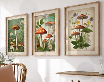 Boho Mushroom Print Set of 3, Magic Mushrooms Print, Nursery Gallery Wall art, Wildflowers Printable Art, Digital Download, y2k Home Decor