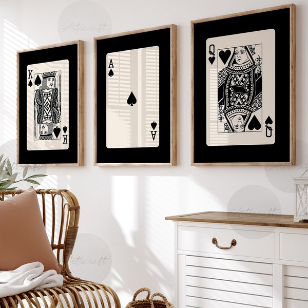 Ace, King and Queen Playing Cards Wall Art Set of 3 Prints, Digital Preppy Art, Black Beige Printable Art, Mid Century Trendy Retro Posters