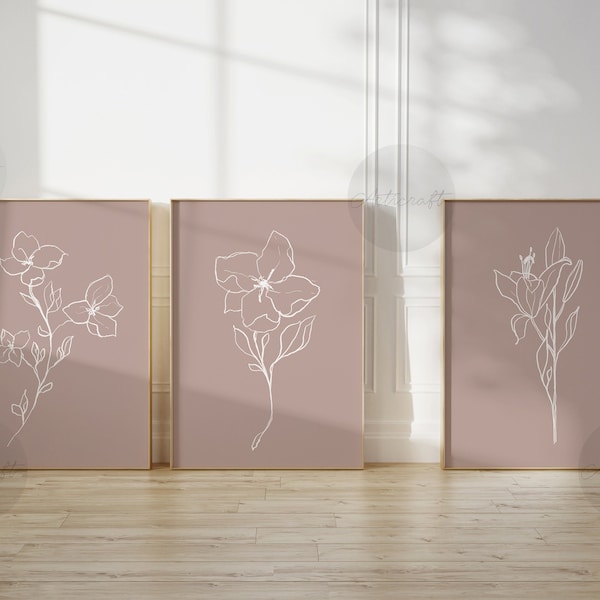 Minimal Line Botanical Print Set of 3, Gallery Wall art, Line Flowers Printable Art, Mauve Wild Flowers Floral Line Art, Modern Home Decor