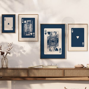 Spielkarten Druck 4er Set, Ace, King und Queen, Navy Blau Kunstdrucke Wandkunst, druckbare digitale Preppy Mid-Century Retro Trendy Poster