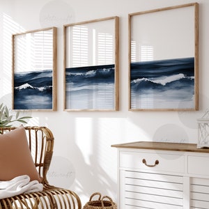 Abstrakte Aquarell Kunst 3er-Set Prints, Digital Navy Blue Ocean Wand Kunst Poster Set, Strand Moderne Wand Dekoration, Boho Minimal Wohnzimmer Kunst