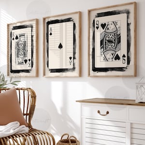 Ace, King and Queen Playing Cards Wandkunst-Set 3 Drucke, digitale Preppy Art, schwarz beige druckbare Kunst, Mid Century Trendy Retro Poster