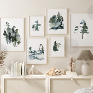 Pine Trees Prints, Nature Print Set of 6, Watercolor Pine Trees, Printable Wall Art, Mountain Wall Art, Christmas Trees Digital Art