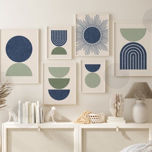 Mid Century Modern Art Set of 6 Prints, Sage Green & Navy Blue Printable Geometric Art, Boho Art, Abstract Art Set, Rainbow, Shapes Print