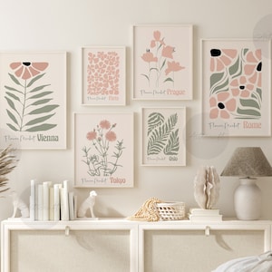 Juego de 6 impresiones botánicas bohemias, arte de pared en rosa ruborizado y verde salvia, arte de mercado de flores abstractas, carteles florales, carteles imprimibles digitales
