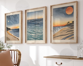 Beach Print Set of 3, Blue Watercolor Ocean Wall Art, Sunset, Retro Sunrise Posters, Minimalist Coastal Printable Art, Digital Art
