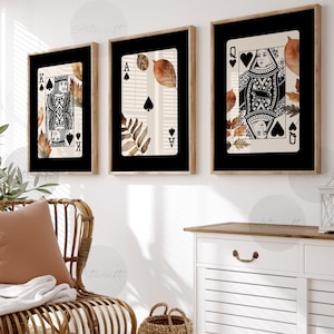 Ace, King and Queen Playing Cards Wall Art Set of 3 Prints, Digital Preppy Art, Black Orange Fall Printable Mid Century Trendy Retro Posters