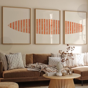 Set di 3 stampe di tavole da surf, arte murale vintage a strisce arancioni, trittico di surf, poster minimalista, stampabile, decorazione digitale per la casa.