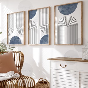Conjunto de 3 gravuras de arte geométrica moderna azul de meados do século, decoração de parede estilo boho, arte abstrata para impressão, gravuras de arco-íris em azul jeans e preto