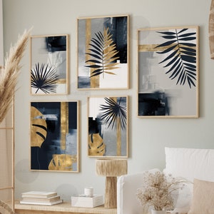 Abstract Botanical Print Set of 5, Boho Tropical Wall art, Navy & Gold Palm Leaves Printable Art, Boho Digital Art, Modern Home Decor