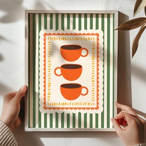 Impresión de café, arte de pared imprimible con rayas de espresso, decoración retro para cocina, bar, póster digital de moda, vintage naranja y verde.
