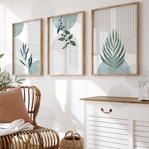 Boho Wall art Prints, Set of 3, Digital Boho Botanical Prints, Mid Century Prints, Aqua Blue & Sage Printable Art, Abstract Line, Home Decor