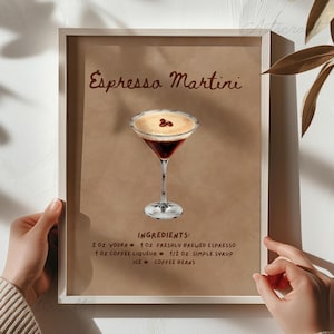 Przepis na espresso martini do wydrukowania plakat, sztuka ścienna na barek, cyfrowy koktajl dziewczyna z południa modny brązowy retro y2k boho wystrój domu