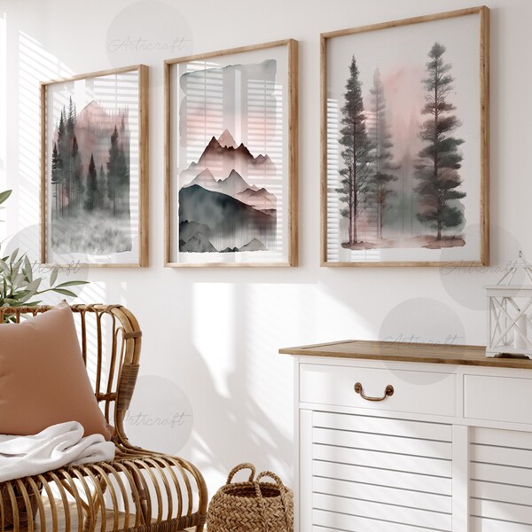 Mountain Print Set of 3, Pink Watercolor Mountain Abstract Landscape, Nature Prints, Modern Minimal Home Decor, Digital Pine Forest wall Art