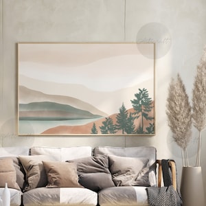 Impresión horizontal de montaña, montaña bohemia verde y naranja, paisaje abstracto, decoración de pared moderna de mediados de siglo, póster de arte de pared de montaña