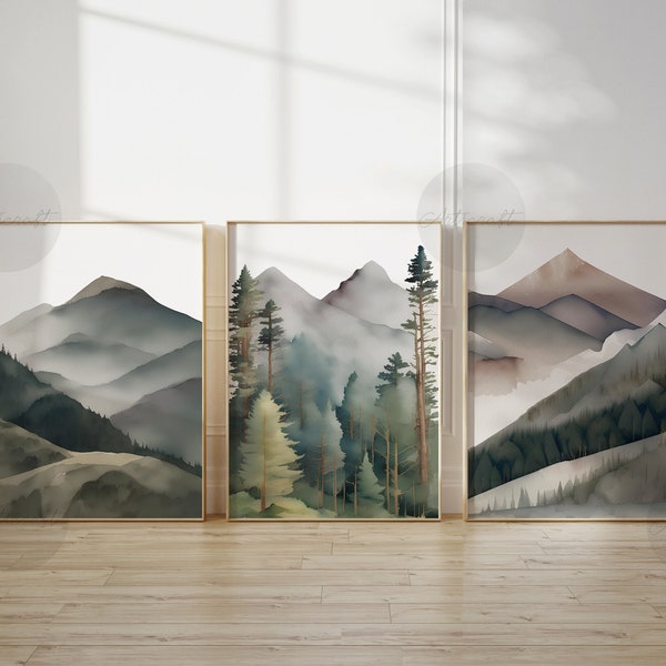 Lot de 3 impressions montagne, montagne aquarelle, paysage abstrait, estampes nature, décoration murale moderne et minimaliste, art mural numérique forêt de pins