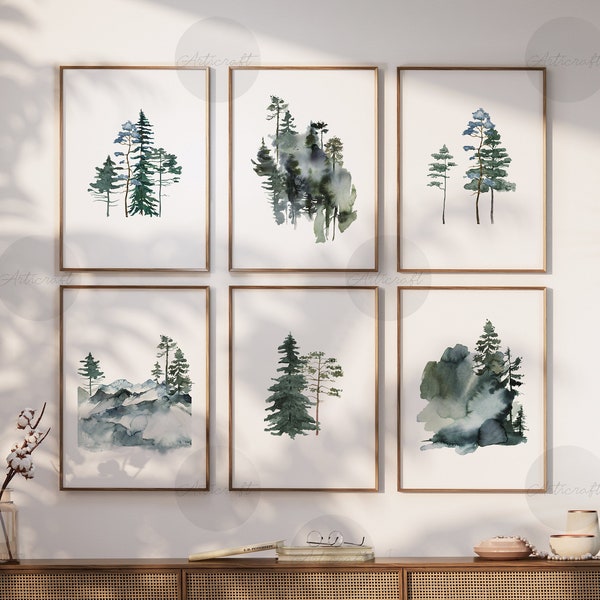 Pine Trees Prints, Nature Print Set of 6, Watercolor Pine Trees, Printable Wall Art, Mountain Wall Art, Christmas Trees Digital Art