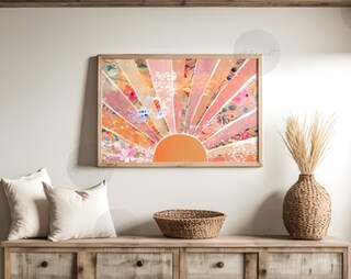 KBKBART Set Di 3 Stampe Su Tela Boho - Quadri Geometrici Minimalisti - Beige, Arancione, Luna, Piante Deserto - Cornice In Legno 40x60 Cm