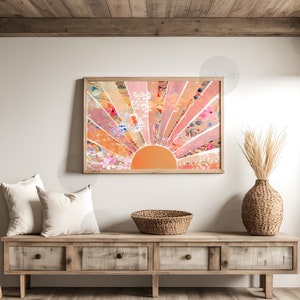 Impresión horizontal de sol bohemio, sol bohemio naranja y ruborizado, sol floral imprimible en acuarela, decoración de pared abstracta de amanecer, arte moderno de mediados de siglo