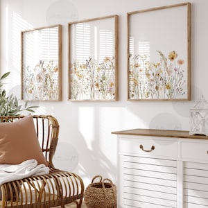 Floral Print Set of 3, Printable Wall art, Watercolor Beige Wildflowers, Neutral Boho Botanical Farmhouse Art, Flowers Modern Home Decor