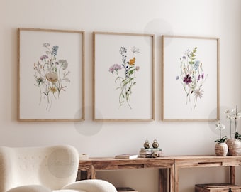 Watercolor Botanical Print Set of 3, Floral Printable Art, Gallery Wall art, Wildflowers Art Floral Farmhouse Art, Modern Home Decor Art