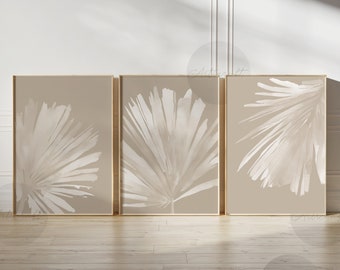 Boho Palmenblätter Prints, Minimalistischer botanisch neutraler Druck 3er-Set, Galerie Wandkunst, Beige moderne digitale Kunst, tropische druckbare Kunst