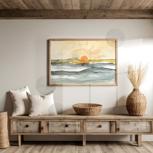 Abstract Beach Print, Watercolor Blue, Orange Sun, Ocean Sunset Instant Download, Modern Wall Decor, Nautical Minimalist Boho Horizontal Art