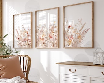 Conjunto de 3 estampas florais, arte de parede para impressão, aquarela, blush e flores silvestres bege, arte de fazenda botânica boho, flores, decoração moderna para casa