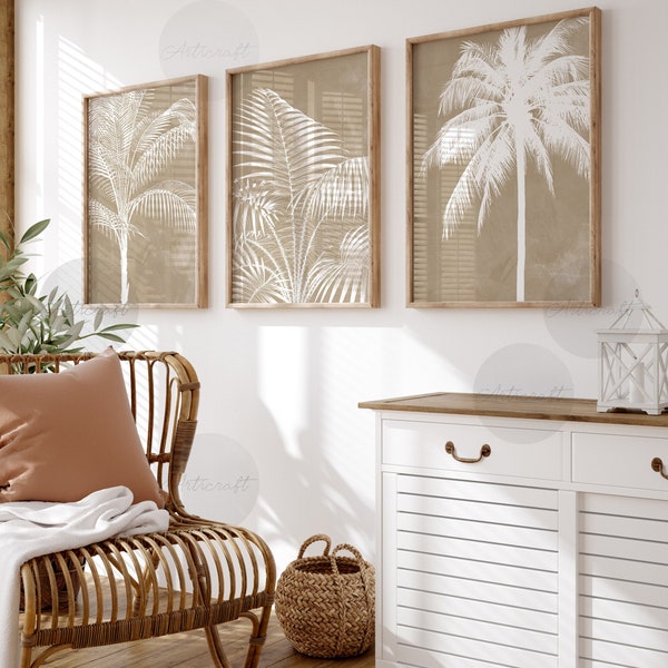 Abstract Palm Tree Print Set of 3, Printable Tropical Art, Beige, Tan, Neutral Modern Palm Leaves Wall Decor, Minimalist Boho Beachy Art