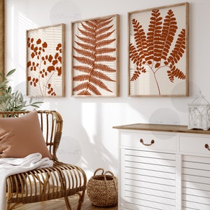 Fern Set of 3 Orange Terracotta Beige Botanical Gallery Wall art, Boho Farmhouse Printable Minimalist Leaves Abstract Modern Home Decor Art