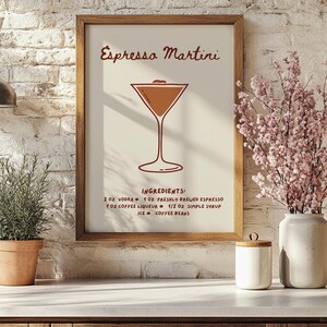 Przepis na espresso martini do wydrukowania plakat, sztuka ścienna na barek, cyfrowy koktajl dziewczyna z południa modny brąz, beżowy retro wystrój domu y2k
