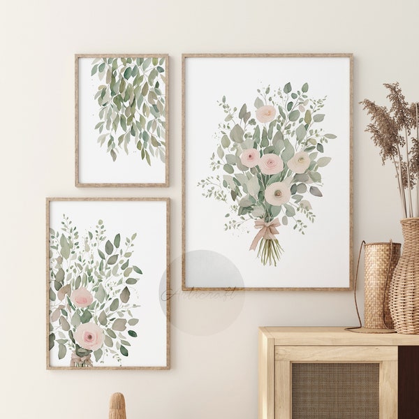 Abstract Botanical Print Set of 3, Sage Green Eucalyptus Leaves, Blush Pink Flowers Printable Art, Watercolor boho farmhouse Wall Art