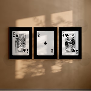 As, roi et reine art mural cartes à jouer, lot de 3 impressions, art numérique preppy, art imprimable noir et blanc, affiches rétro tendance Mid-Century