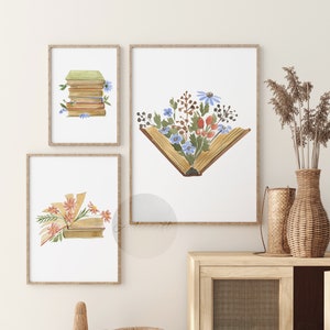 Watercolor Flower Book Print Set of 3, Bookish Print, Boho Gallery Wall art, Wildflowers Books Printable Art, Book Lover Gift, Home Decor