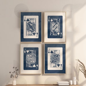 Lot de 4 impressions d'art mural cartes à jouer, art preppy numérique Four Jacks, art imprimable bleu marine, affiches rétro tendance Mid-Century