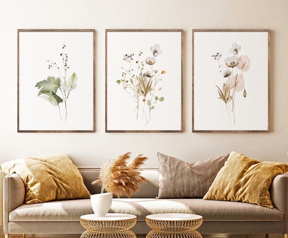 Watercolor Botanical Print Set of 3, Gallery Wall Art, Floral Printable Art,  Wild Flowers Art Floral Line Art, Modern Home Decor Art 