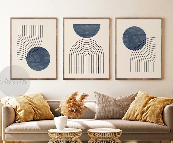 Navy Blue Mid Century Modern Geometric Art Set of 3 Prints Boho